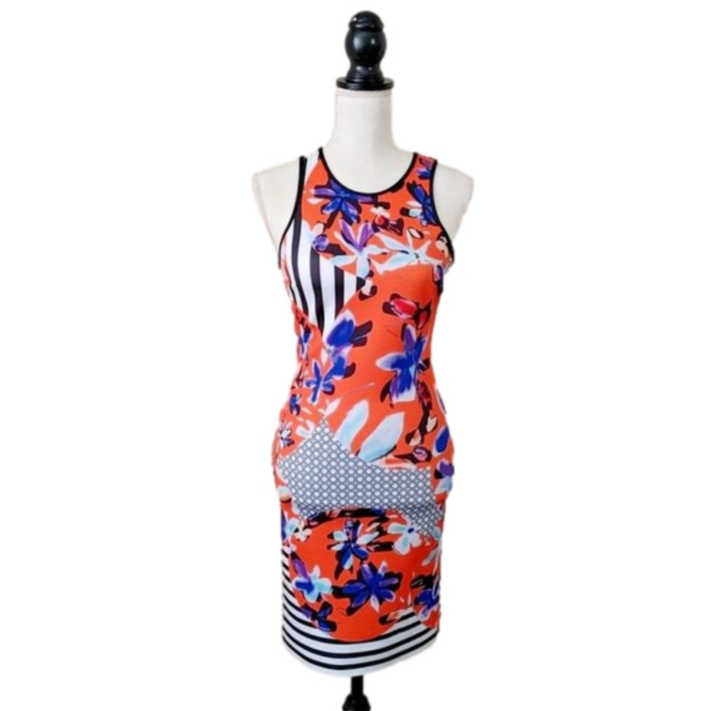Clover Canyon Orange Scuba Tank Dress Multi Color Floral Design Size S